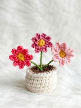 Handmade Crochet Flower Pot - Pink and Red Decorative Accent